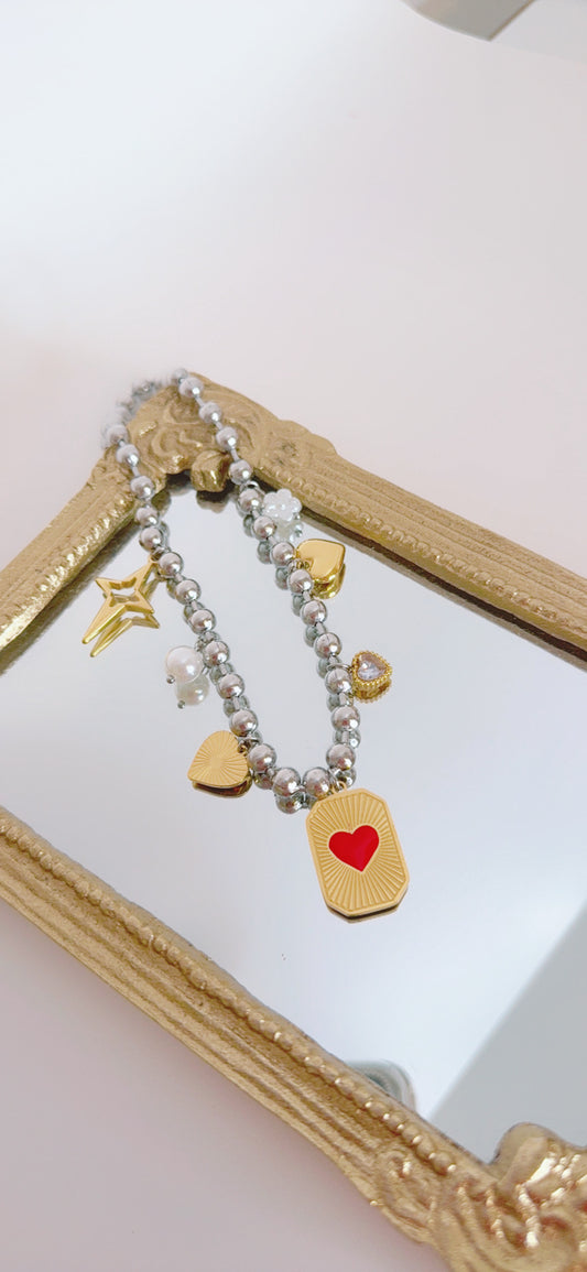 Silver & Gold red Heart Necklace